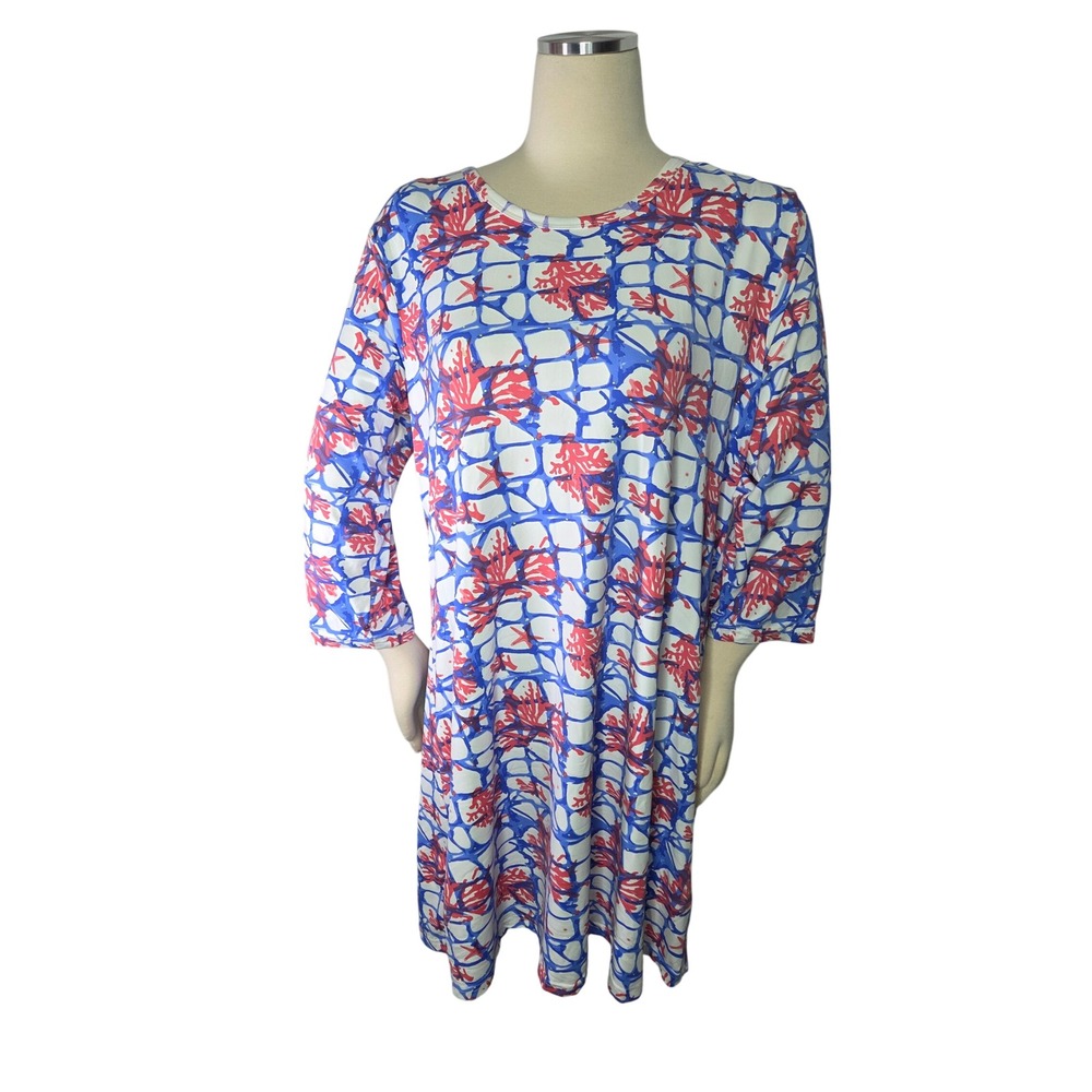 Anthonys Resort Wear Womens XL 3/4 Sleeve Dress red coral reef, blue and‎ white